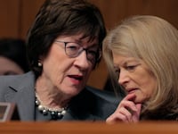 Sen. Susan Collins (L) and Sen. Lisa Murkowski talk during the confirmation hearing for Lori Chavez-DeRemer, President Donald Trump’s pick to lead the Labor Department, in the Dirksen Senate Office Building on Capitol Hill on February 19, 2025 in Washington, DC