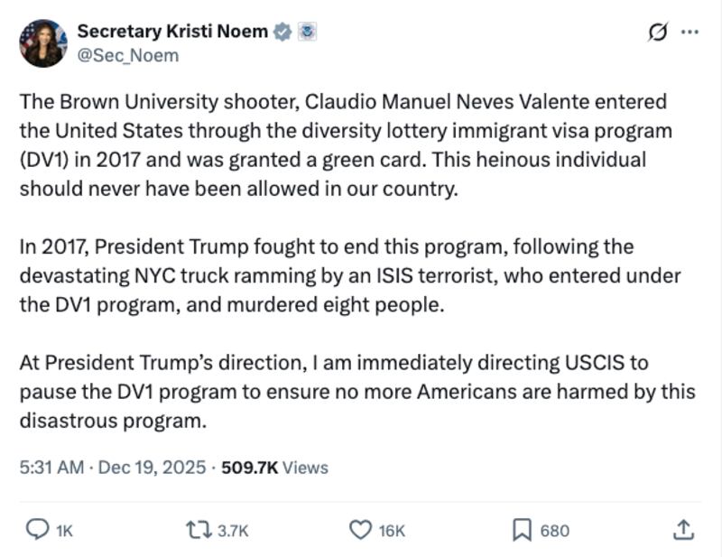 Kristi Noem's X post.