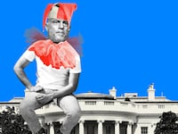 Joe Rogan sitting on the White House with a jester hat and collar