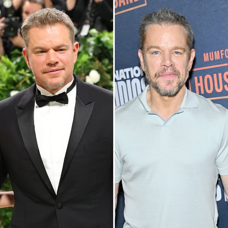 Actor Matt Damon on May 6, 2024, at the Met Gala (left); Damon at a red. carpet appearance on June 12, 2026 (right).