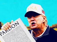 Donald Trump holding a presidential pardon at a golf course.
