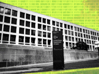 US Department of Labor building with computer binary code flickering in background