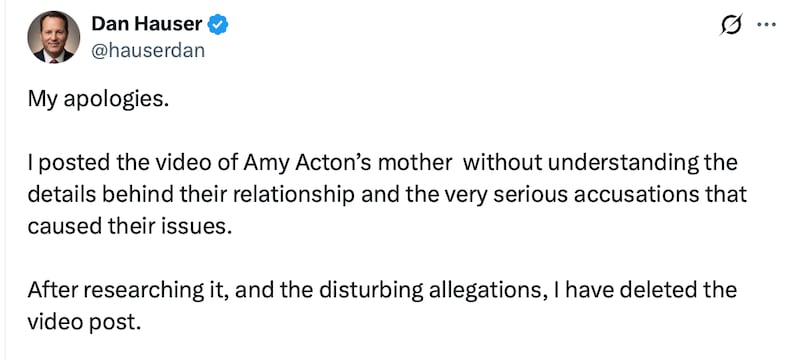 Dan Hauser's apology for sharing a controversial video.