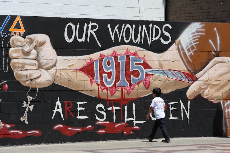 A mural commemorating the 1915 Armenian Genocide on Hollywood Boulevard in 2014, its 99th anniversary.