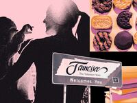 A photo illustration of a mother holding her child with girl scout cookies and books around them. A welcome to Tennessee sign is overlayed on top.