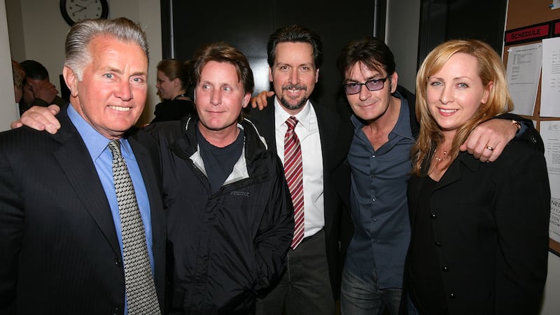 LOS ANGELES, CA - FEBRUARY 21: (L-R) Cast member Martin Sheen poses with his family Emilio Estevez, Ramon Estevez, Charlie Sheen and Renee Estevez backstage after the opening night performance of "The Subject Was Roses" at the Center Theatre Group's Mark Taper Forum on February 21, 2010 in Los Angeles, California.