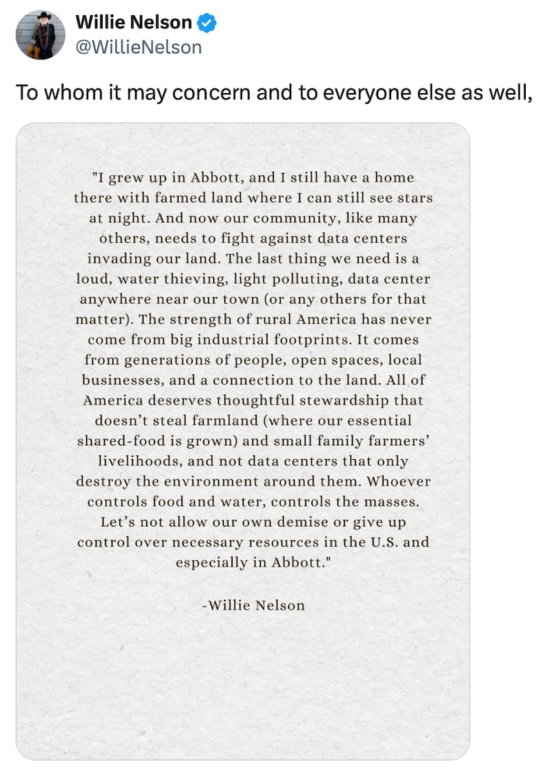 Willie Nelson speaks out about data centers.