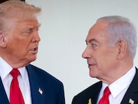 President Donald Trump greets Israeli Prime Minister Benjamin Netanyahu as he arrives at the White House on April 07, 2025 in Washington, DC.