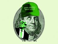An illustration including photos of former U.S President Donald Trump, Benjamin Franklin, and a MAGA hat