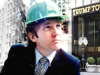 A photo composite of Donald Trump in 1980 at the Trump Tower construction site and the former Bonwit Teller Fifth Avenue store.