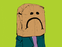 Illustrated gif of a man in a suit wearing a paper bag over his head with a face drawing on it switching between a frown and a smile with a tongue sticking out with a pill on it.