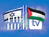 A photo illustration of The Hill TV logo, the flag of Israel and Palestine.