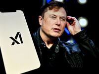 An illustration depicting 'xAI' on a phone screen alongside a photo of Elon Musk.