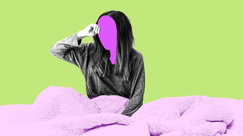 Woman in bed yawning in front of a green background with a purple face