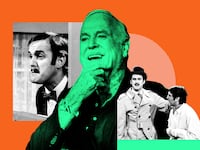A photo illustration of John Cleese with stills of him from The Flying Circus