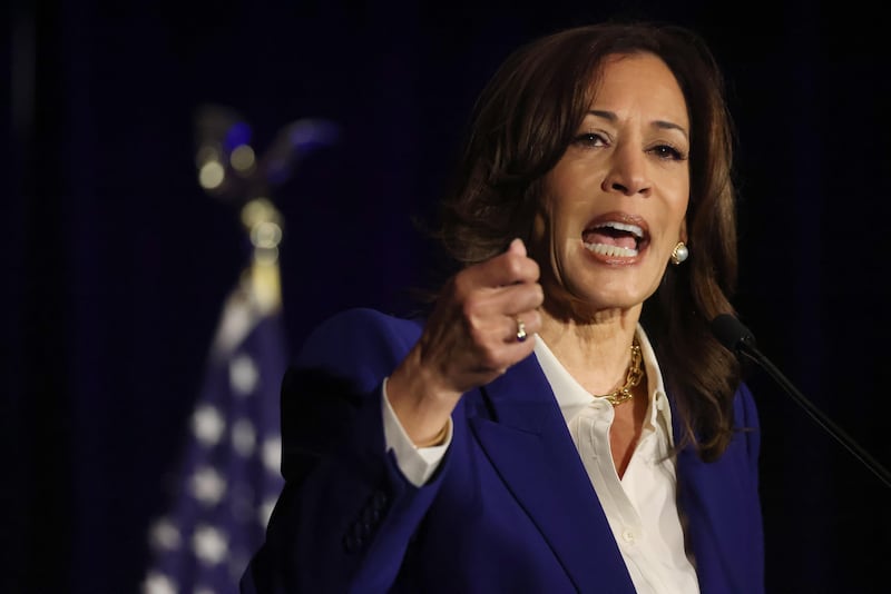 LOS ANGELES, CA - DECEMBER 12, 2025 Former U.S. Vice President Kamala Harris addresses delegates with the Democratic National Committee at their Winter Meeting at the InterContinental Hotel in downtown Los Angeles on December 12, 2025. (Genaro Molina/Los Angeles Times via Getty Images)