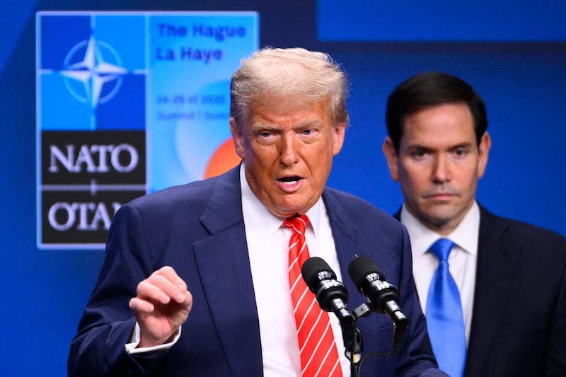 President Donald Trump speaking at the NATO summit on June 25, 2025 attacked the reporters and falsely accused them of demeaning the military for asking questions about an intelligence report.