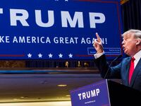 Donald Trump gives a speech at Trump Tower