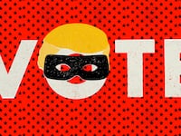 Illustration of "vote" with Trump hair and a robber mask on the "o"