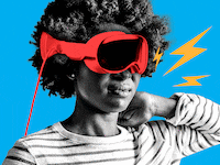 A photo illustration of a black woman wearing an Apple Vision Pro holding her neck while bolts of pain shoot around her