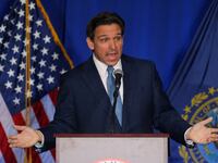 Florida Gov. Ron DeSantis speaks at the 2023 NHGOP Amos Tuck Dinner in Manchester, New Hampshire, April 14, 2023.