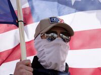 Image shows a member of the white nationalist group Patriot Front protesting a drag show brunch fundraiser in Chardon, Ohio, U.S., on April 1, 2023.