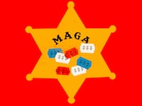 A sheriff’s badge reading “MAGA,” festooned with price tags, against a red background.