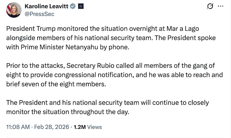 White House Press Secretary Leavitt gives an update on the president's whereabouts as the U.S. attacks Iran.