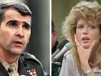 Oliver North and Fawn Hall testifying at the Iran-Contra hearings