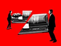 A photo illustration of mortuary workers carrying a coffin that has been split in half on a red background.