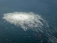 Gas bubbles from the Nord Stream 2 leak reaching the surface of the Baltic Sea near Bornholm, Denmark, Sept. 27, 2022.