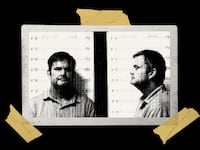 Photo illustration of Chad Daybell’s mugshot with tape on it