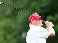BEDMINSTER, NEW JERSEY - AUGUST 10: Former President Donald Trump follows his tee shot during the pro-am prior to the LIV Golf Invitational - Bedminster at Trump National Golf Club on August 10, 2023 in Bedminster, New Jersey. (Photo by Mike Stobe/Getty Images)