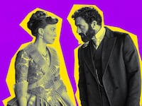 A photo illustration of Carrie Coon and Morgan Spector in The Gilded Age.