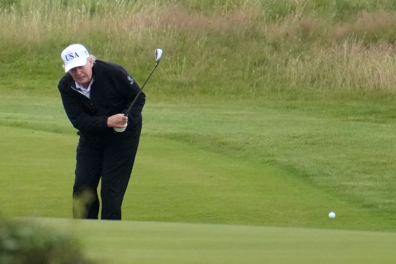 President Donald Trump plays a round of golf at Trump Turnberry golf course during his visit to the UK on July 27, 2025 in Turnberry, Scotland.