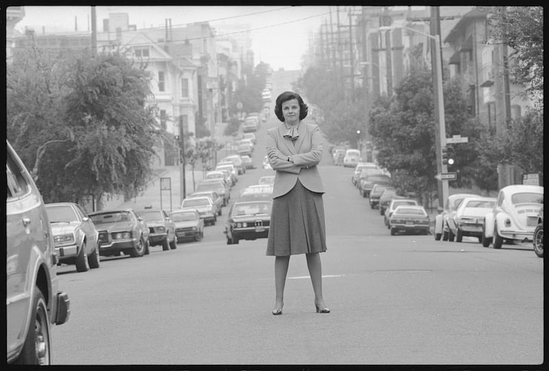 San Francisco Mayor Dianne Feinstein stands in the middle of Steiner Street looking tough to illustrate her campaign of “taking a stand” against crime in San Francisco.
