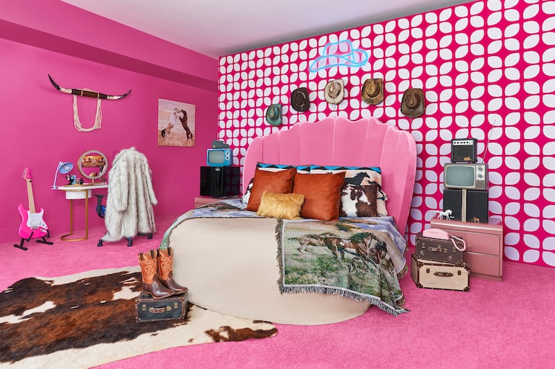 A photo of the bedroom at the Malibu Airbnb Barbie Dream House in California.