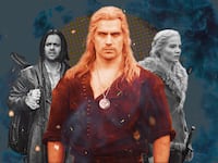 A photo illustration of Henry Cavill, Joey Batey, and Freya Allan as their characters in Netflix’s The Witcher Season 3.