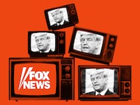 A photo illustration of TVs with images of Donald Trump and the Fox News logo.
