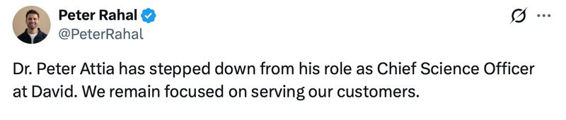 Peter Rahal posts on X about Peter Attia stepping down from his role at protein company David.