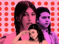 Photo illustration of Sunny Sandler in a film still of You Are SO Not Invited to My Bat Mitzvah, Ariana Greenblatt in Barbie, and Abby Ryder Fortson in Are You There God, It’s Me Margaret?