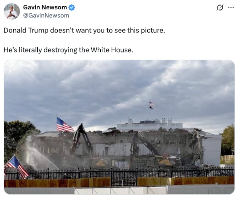 Screenshot of Gavin Newsom X post showing the destruction of the White House.