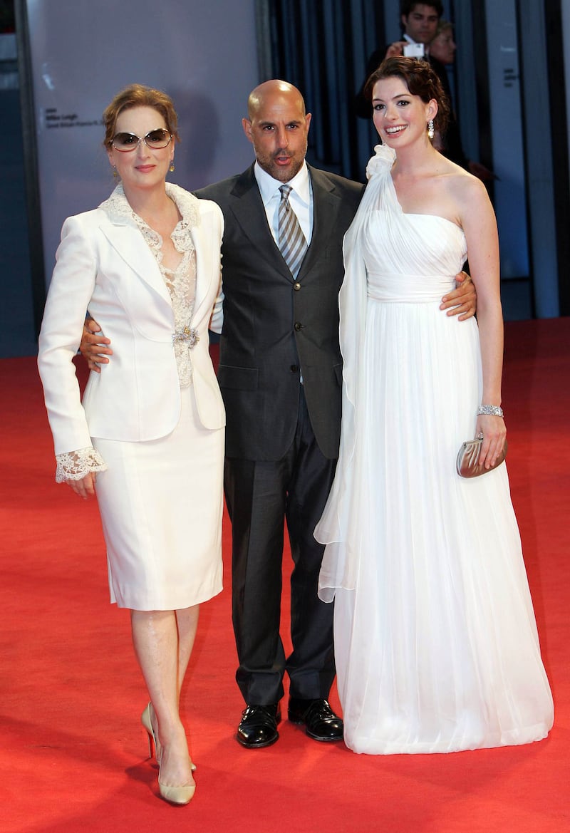 Meryl Streep, Stanley Tucci, and Anne Hathaway at the premiere of "The Devil Wears Prada" at the Venice Film Festival in 2006.