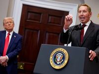 Oracle co-founder, CTO and Executive Chairman Larry Ellison, accompanied by U.S. President Donald Trump in the Roosevelt Room of the White House on January 21, 2025 in Washington, DC. Trump announced an investment in artificial intelligence (AI) infrastructure and took questions on a range of topics including his presidential pardons of Jan. 6 defendants, the war in Ukraine, cryptocurrencies and other topics.