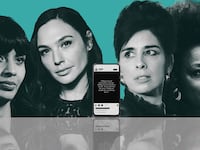 A photo illustration showing Viola Davis, Sarah Silvermann, Jameela Jamil and Gal Gadot surrounding an iphone that has a trending social media post about Palestine and Israel.