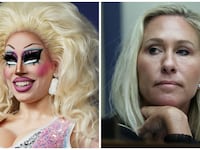Drag queen Brigitte Bandit and Rep. Marjorie Taylor Greene.