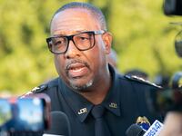 Jacksonville Sheriff T.K. Waters speaks to members of the media near the Dollar General store where three people were shot and killed the day before on August 27, 2023 in Jacksonville, Florida.