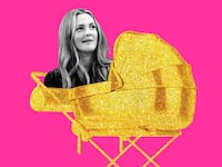 An illustration including Drew Barrymore and a golden stroller