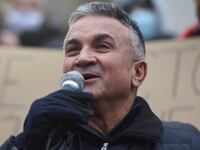 Srdjan Djokovic addresses a rally in support of his son, Serbian tennis player Novak Djokovic, in Belgrade, Serbia.
