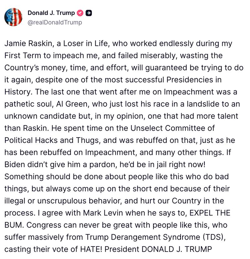 Screenshot of Trump’s Truth Social rant.